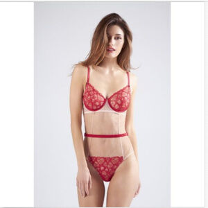 MIMI HOLLIDAY POISON IVY NUDE RED LACE BODYSUIT XS